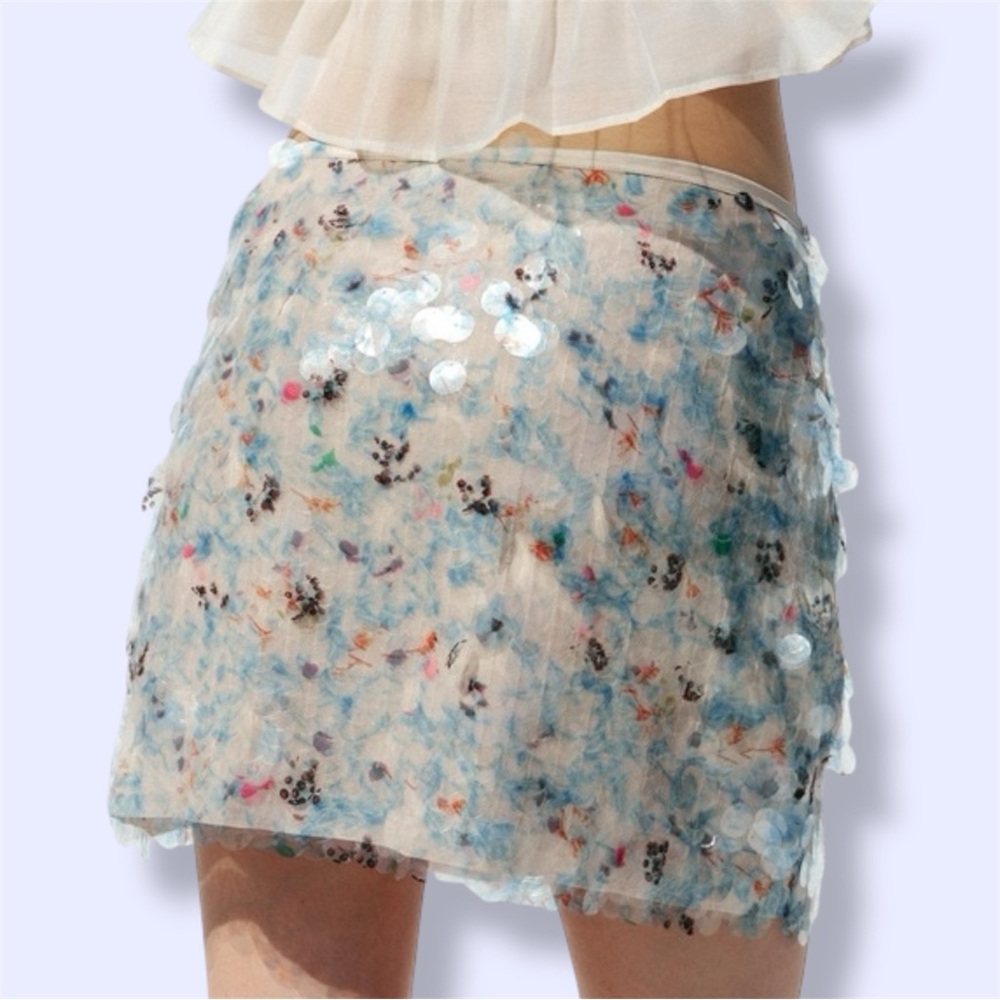 Zara Blue Floral Sequin Mini Skirt NWT